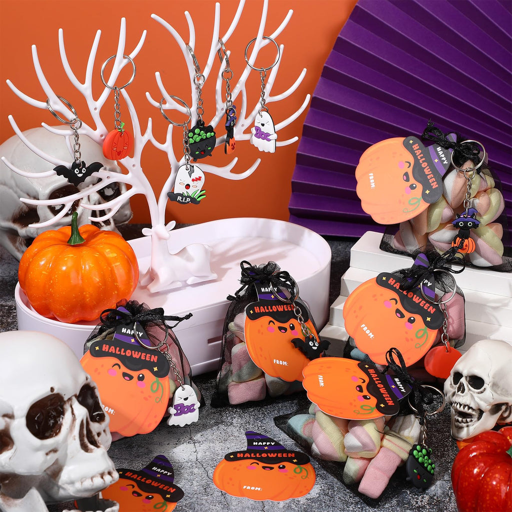 Huquary 24-Piece Halloween Goodie Bags with Keychains, Cards, and Organza Bags for Kids Party Favors