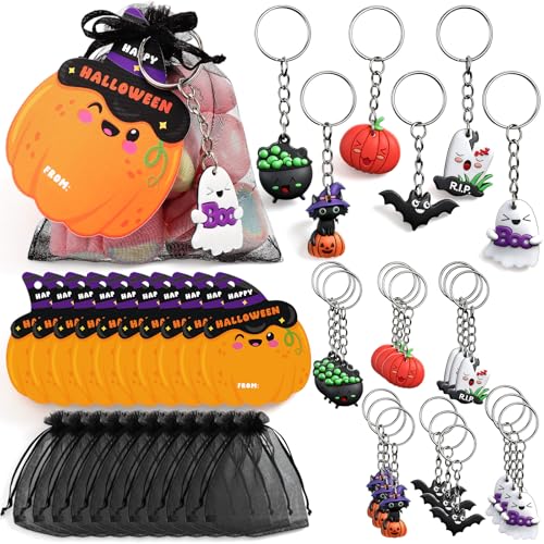 Huquary 24-Piece Halloween Goodie Bags with Keychains, Cards, and Organza Bags for Kids Party Favors