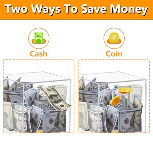 HUSAN Clear Acrylic Piggy Bank – Transparent Money Box for Cash and Coins, Must-Break-to-Open Savings Bank, Gift for Kids and Adults (Cube)