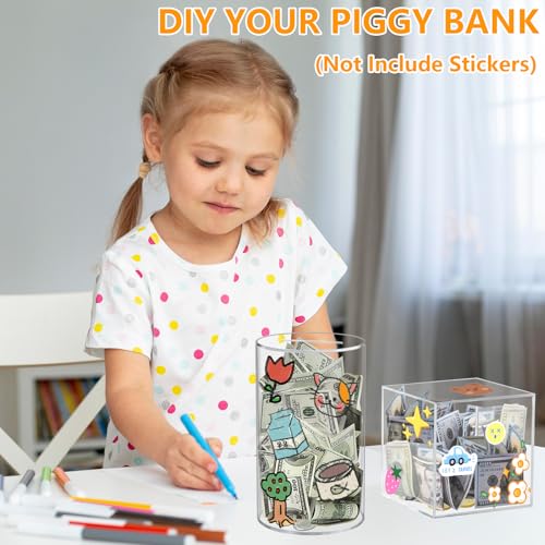HUSAN Clear Acrylic Piggy Bank – Transparent Money Box for Cash and Coins, Must-Break-to-Open Savings Bank, Gift for Kids and Adults (Cube)