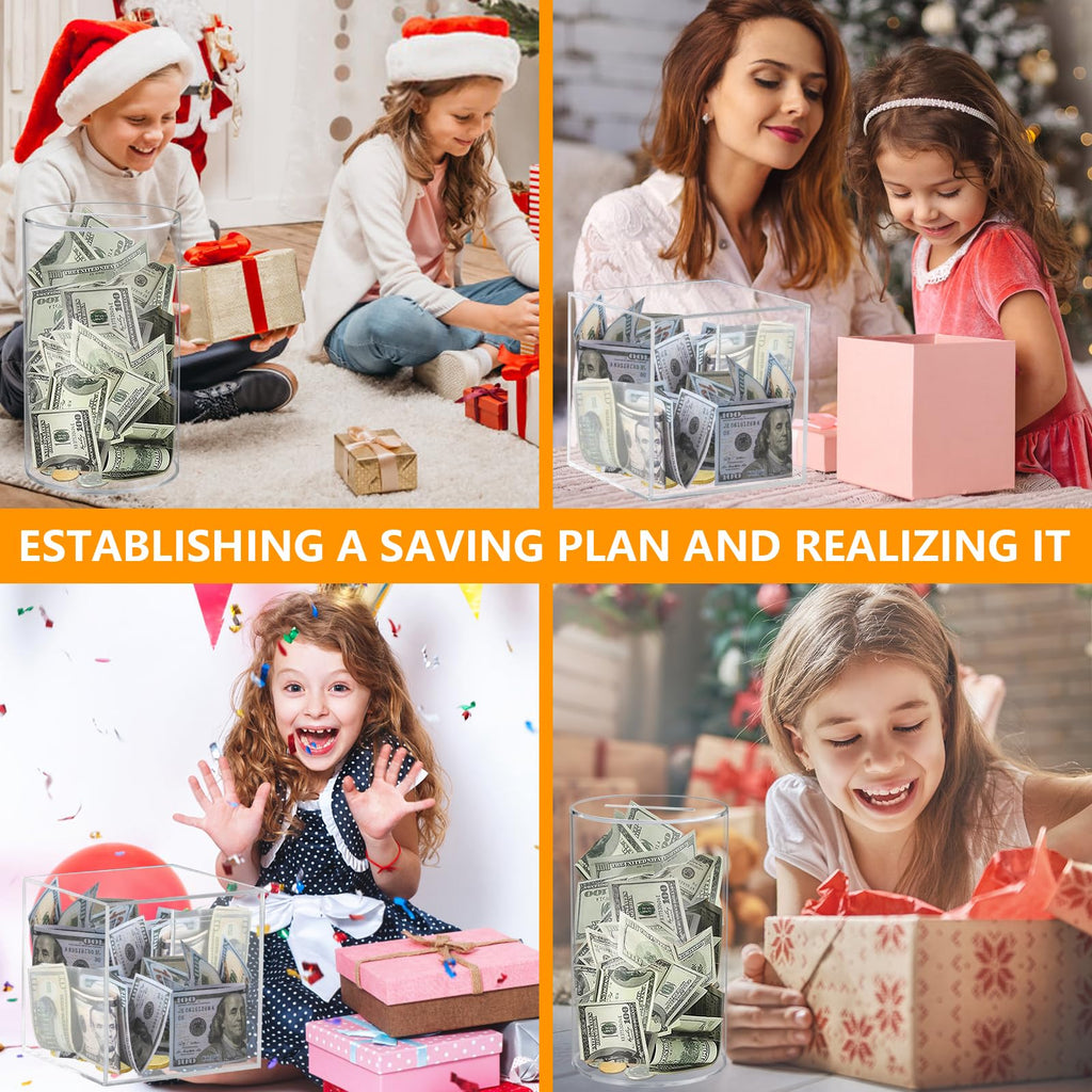 HUSAN Clear Acrylic Piggy Bank – Transparent Money Box for Cash and Coins, Must-Break-to-Open Savings Bank, Gift for Kids and Adults (Cube)