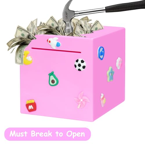 HUSAN Pink Break-to-Open Piggy Bank - 4.72-Inch Solid ABS Money Box with DIY Stickers for Kids and Adults