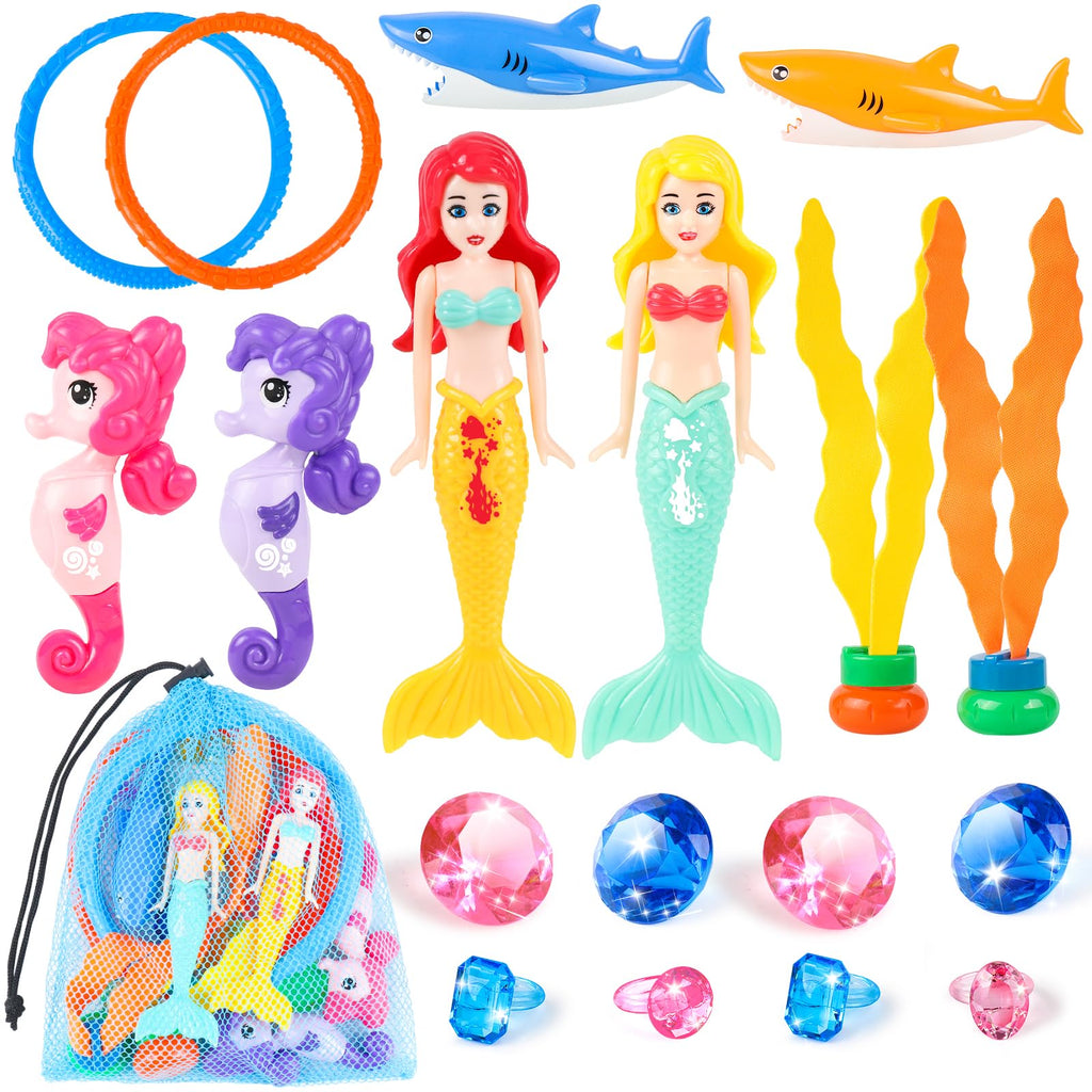 HUUIDY 19-Piece Pool Diving Toys Set – Mermaids, Sharks, Gems, Rings & Mesh Bag for Kids Ages 3-12