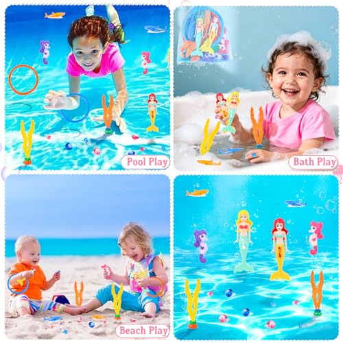 HUUIDY 19-Piece Pool Diving Toys Set – Mermaids, Sharks, Gems, Rings & Mesh Bag for Kids Ages 3-12
