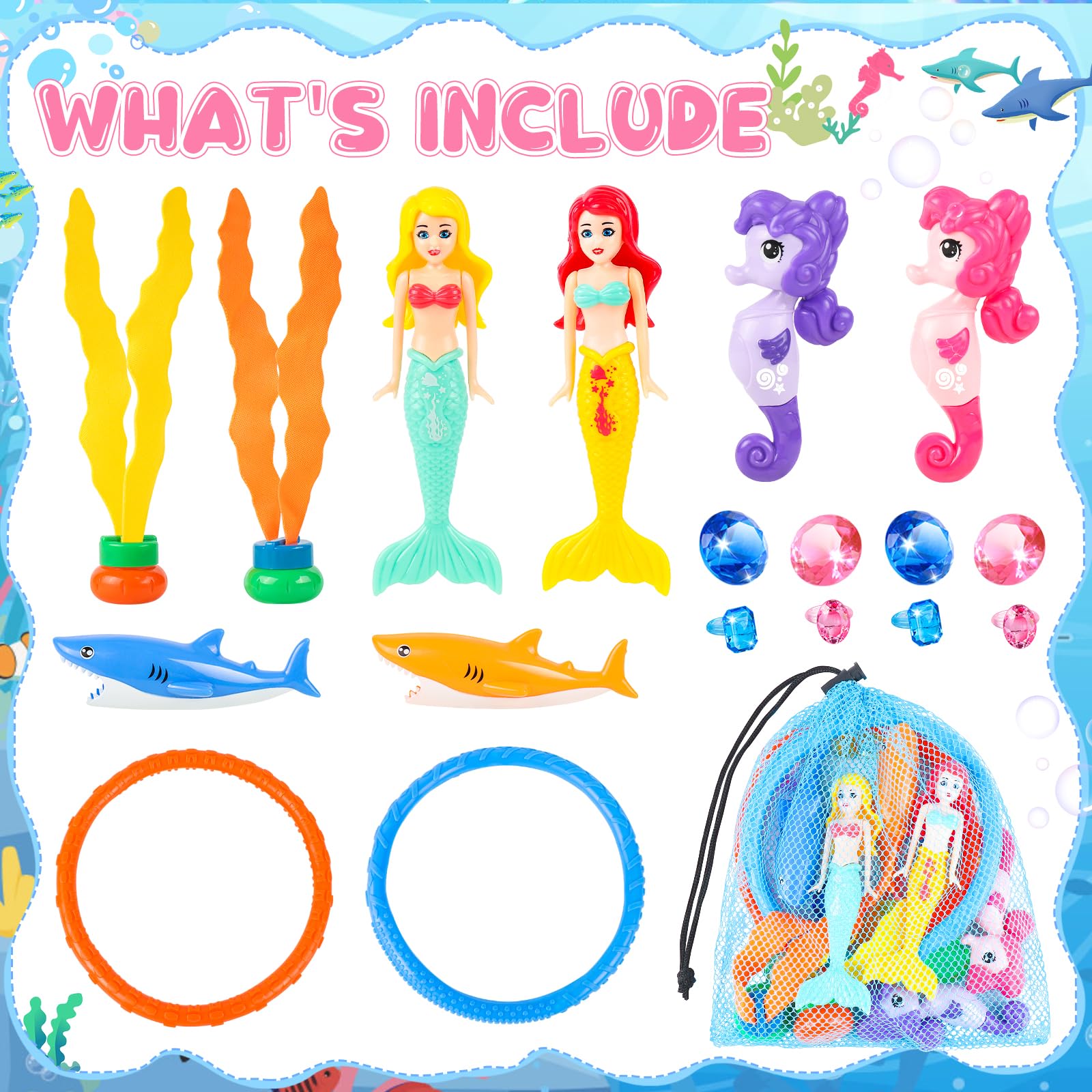 HUUIDY 19-Piece Pool Diving Toys Set – Mermaids, Sharks, Gems, Rings & Mesh Bag for Kids Ages 3-12