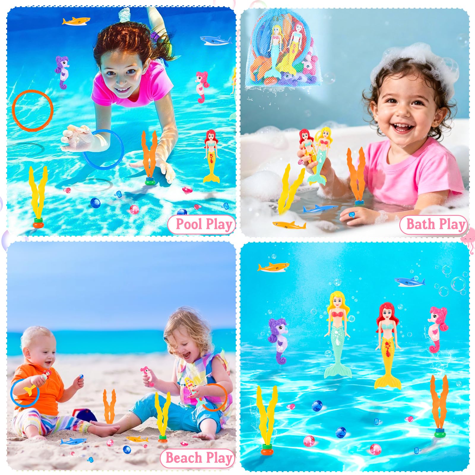 HUUIDY 19-Piece Pool Diving Toys Set – Mermaids, Sharks, Gems, Rings & Mesh Bag for Kids Ages 3-12