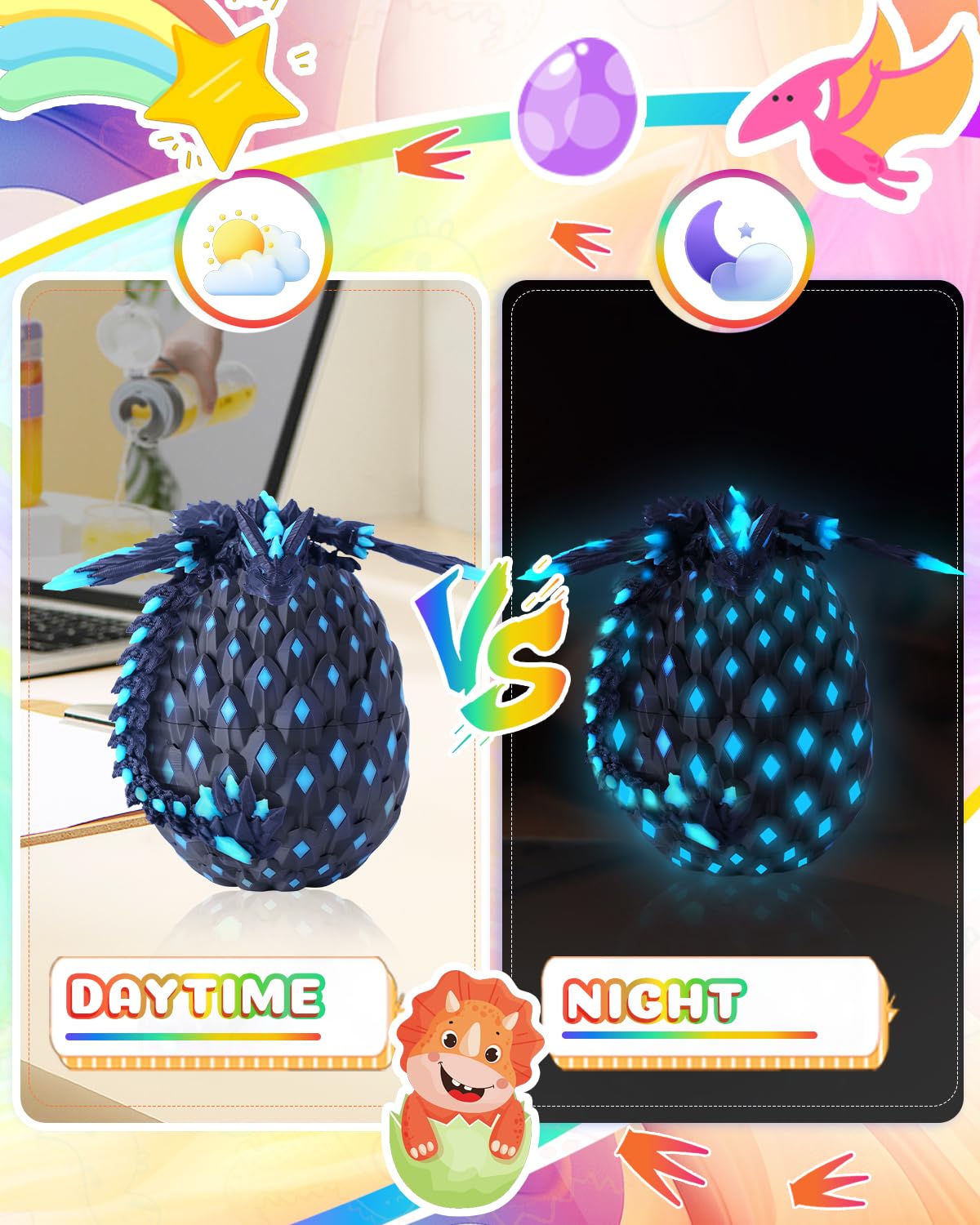 HUWUV 3D Printed Glow-in-the-Dark Dragon Egg - Rainbow Articulated Fidget Toy for Kids & Adults