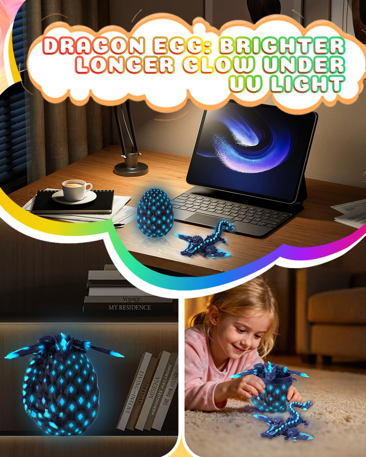 HUWUV 3D Printed Glow-in-the-Dark Dragon Egg - Rainbow Articulated Fidget Toy for Kids & Adults