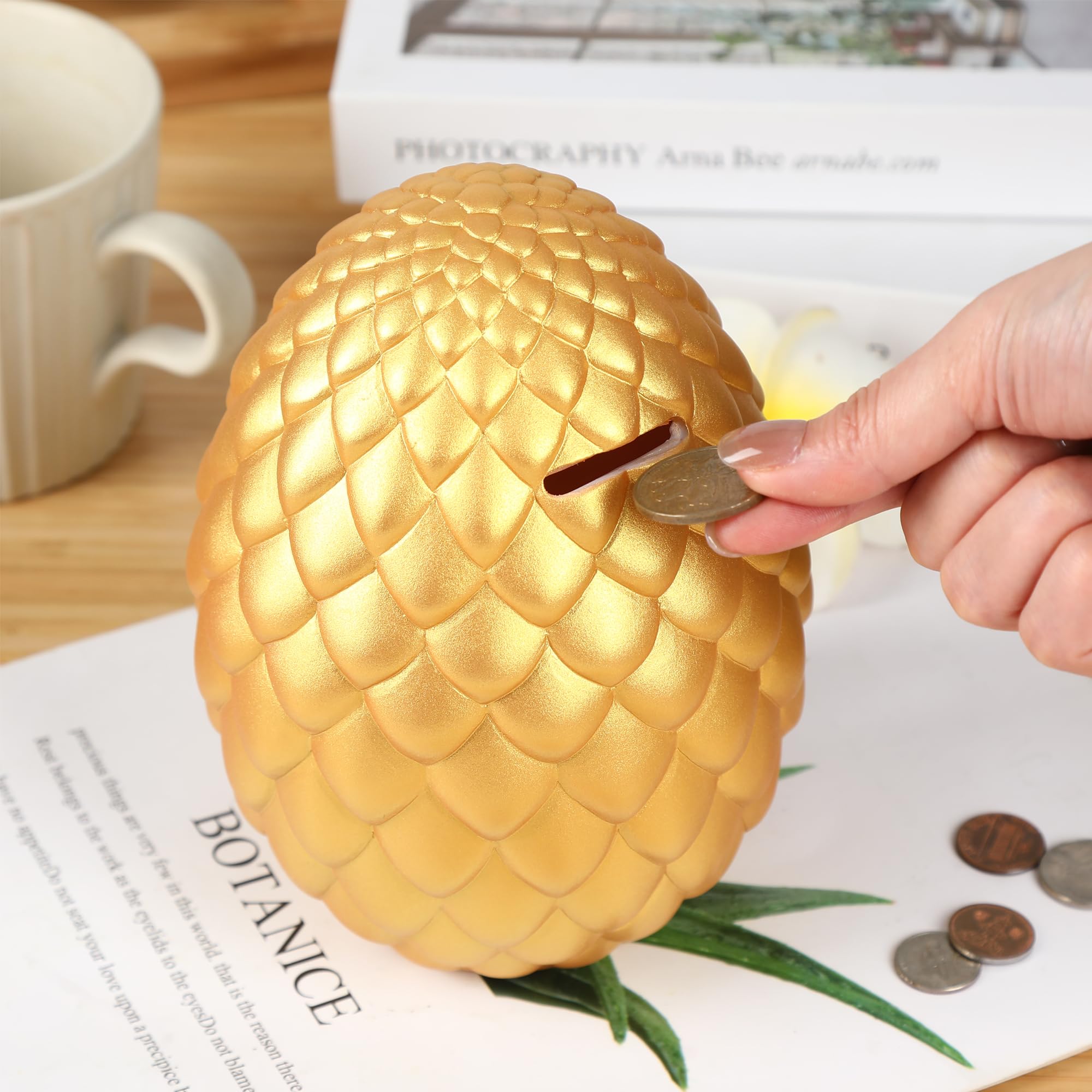 H&W Dragon Egg Piggy Bank – Unbreakable Shiny Gold Coin Bank for Kids, Large Capacity Money Box Gift