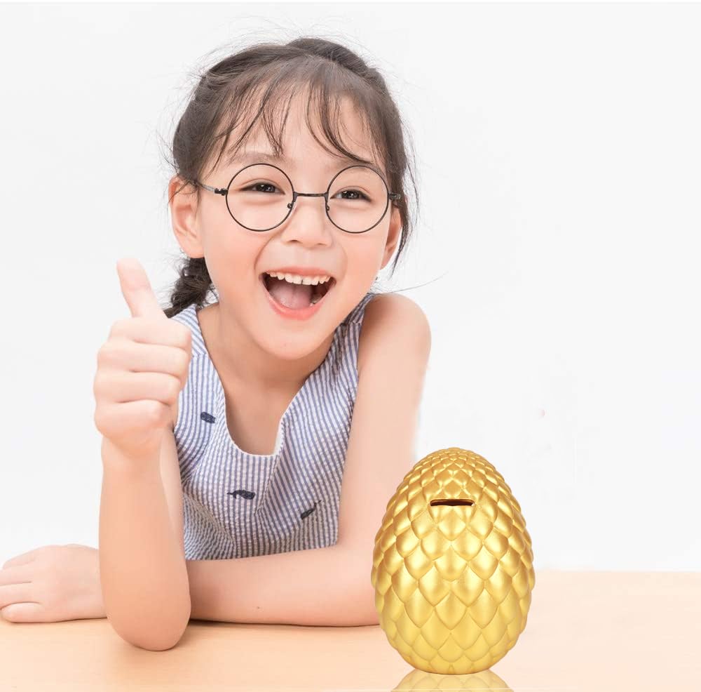 H&W Dragon Egg Piggy Bank – Unbreakable Shiny Gold Coin Bank for Kids, Large Capacity Money Box Gift