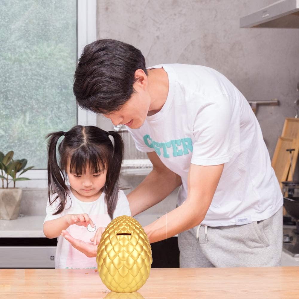 H&W Dragon Egg Piggy Bank – Unbreakable Shiny Gold Coin Bank for Kids, Large Capacity Money Box Gift
