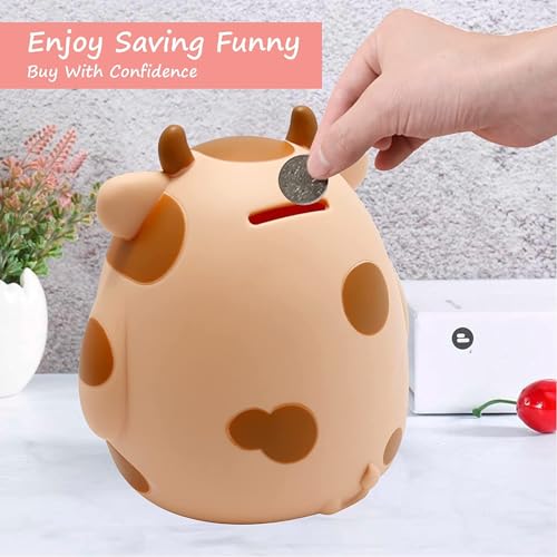 H&W Unbreakable Cow Piggy Bank for Kids – Cute Yellow Coin Savings Box with Easy-Access Stopper