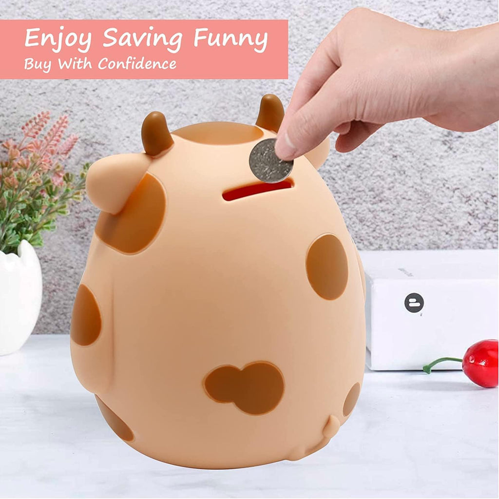 H&W Unbreakable Cow Piggy Bank for Kids – Cute Yellow Coin Savings Box with Easy-Access Stopper