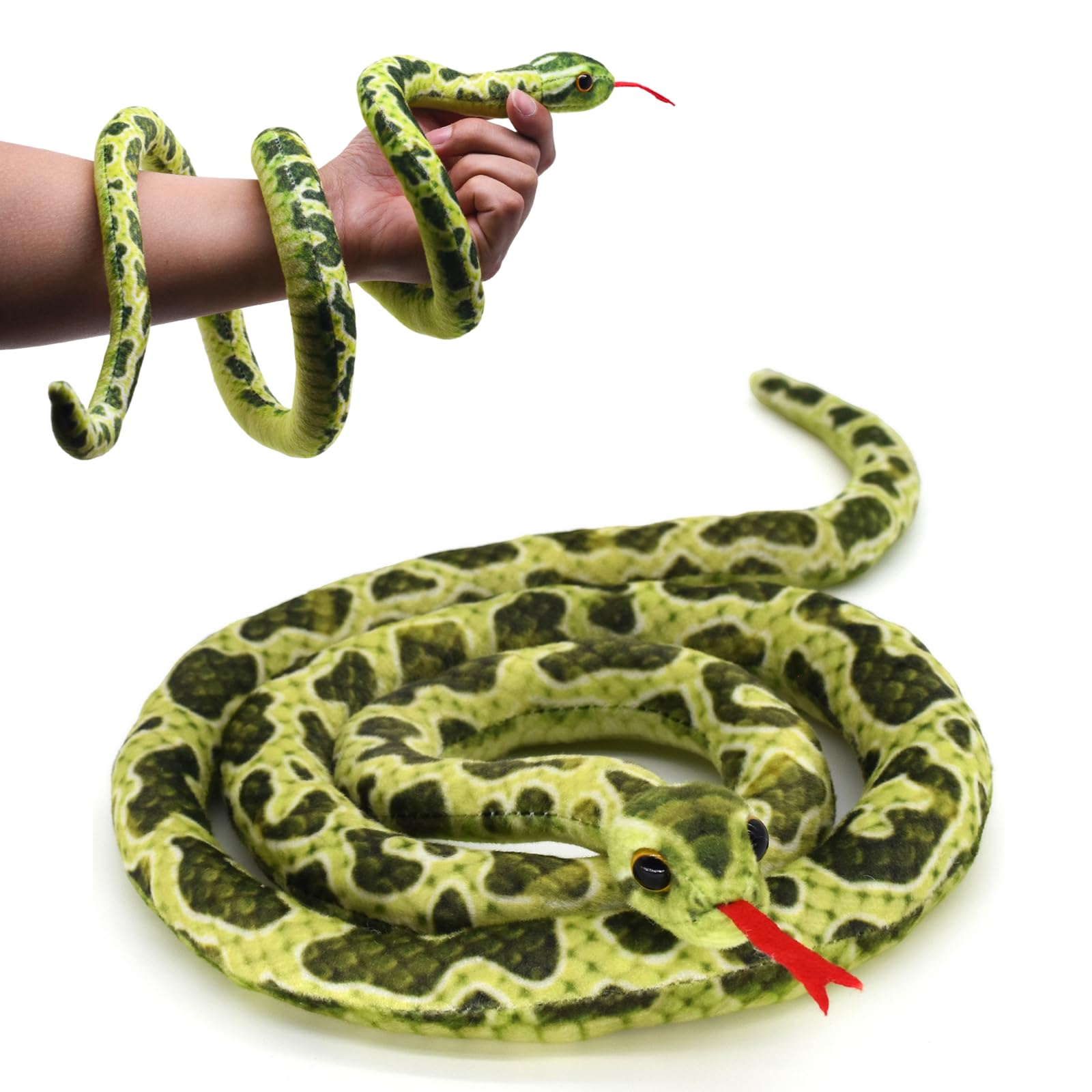 HWD 3.6-Foot Soft Snake Plush – Lifelike Stuffed Animal Toy for Pranks, Halloween Decor, and Gifts (Green)