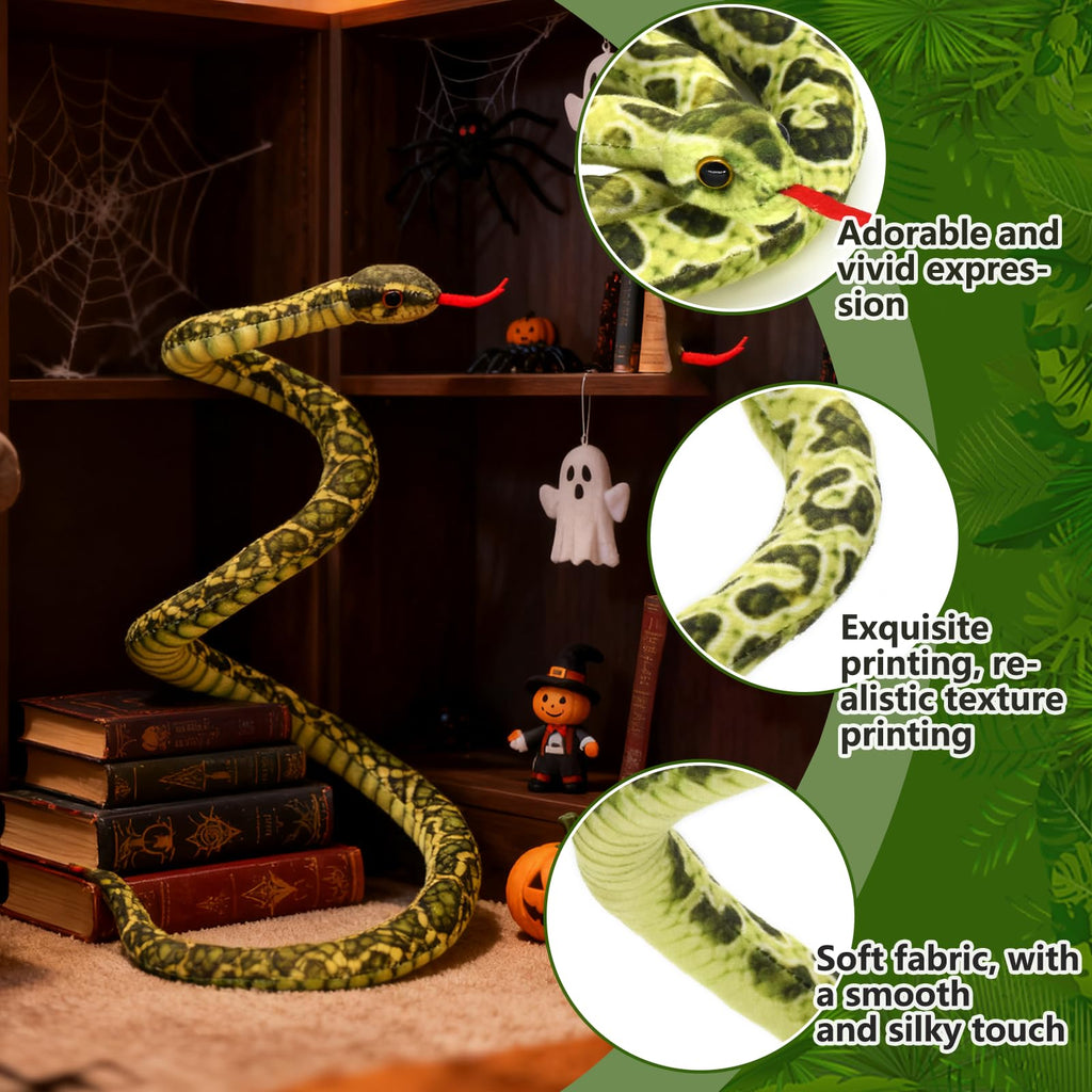 HWD 3.6-Foot Soft Snake Plush – Lifelike Stuffed Animal Toy for Pranks, Halloween Decor, and Gifts (Green)