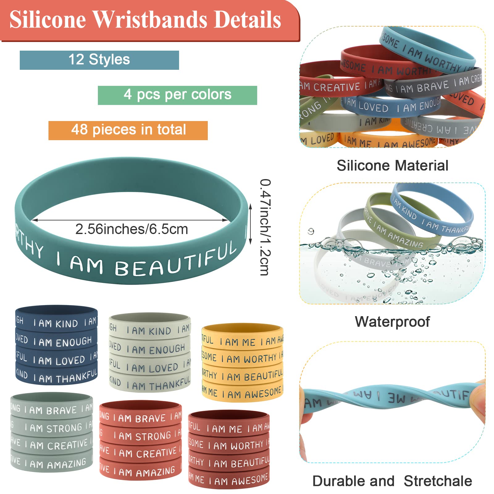 HyDren 48-Pack Motivational Silicone Wristbands, Bright Colors, 2.56" Positive Affirmation Bracelets Bulk