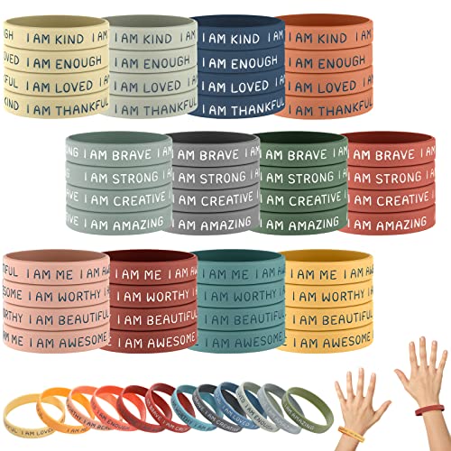 HyDren 48-Pack Motivational Silicone Wristbands, Bright Colors, 2.56" Positive Affirmation Bracelets Bulk