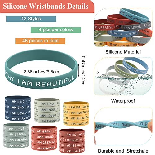 HyDren 48-Pack Motivational Silicone Wristbands, Bright Colors, 2.56" Positive Affirmation Bracelets Bulk