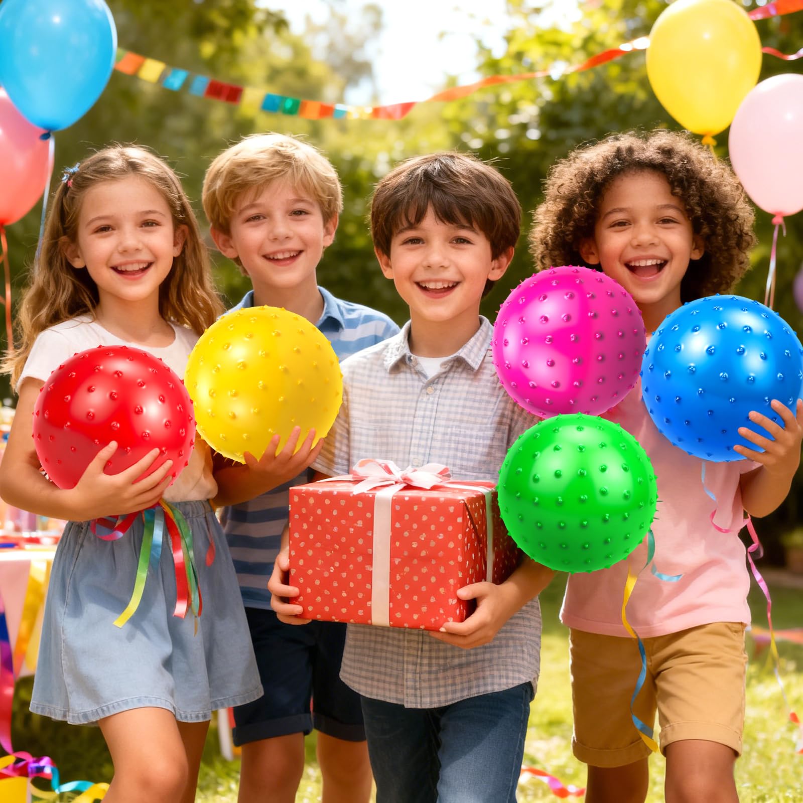 Hymaz 9-Inch Knobby Balls Set of 5 – Soft Sensory Bouncy Balls with Pump for Kids, Toddlers, Stress Relief, Party Favors
