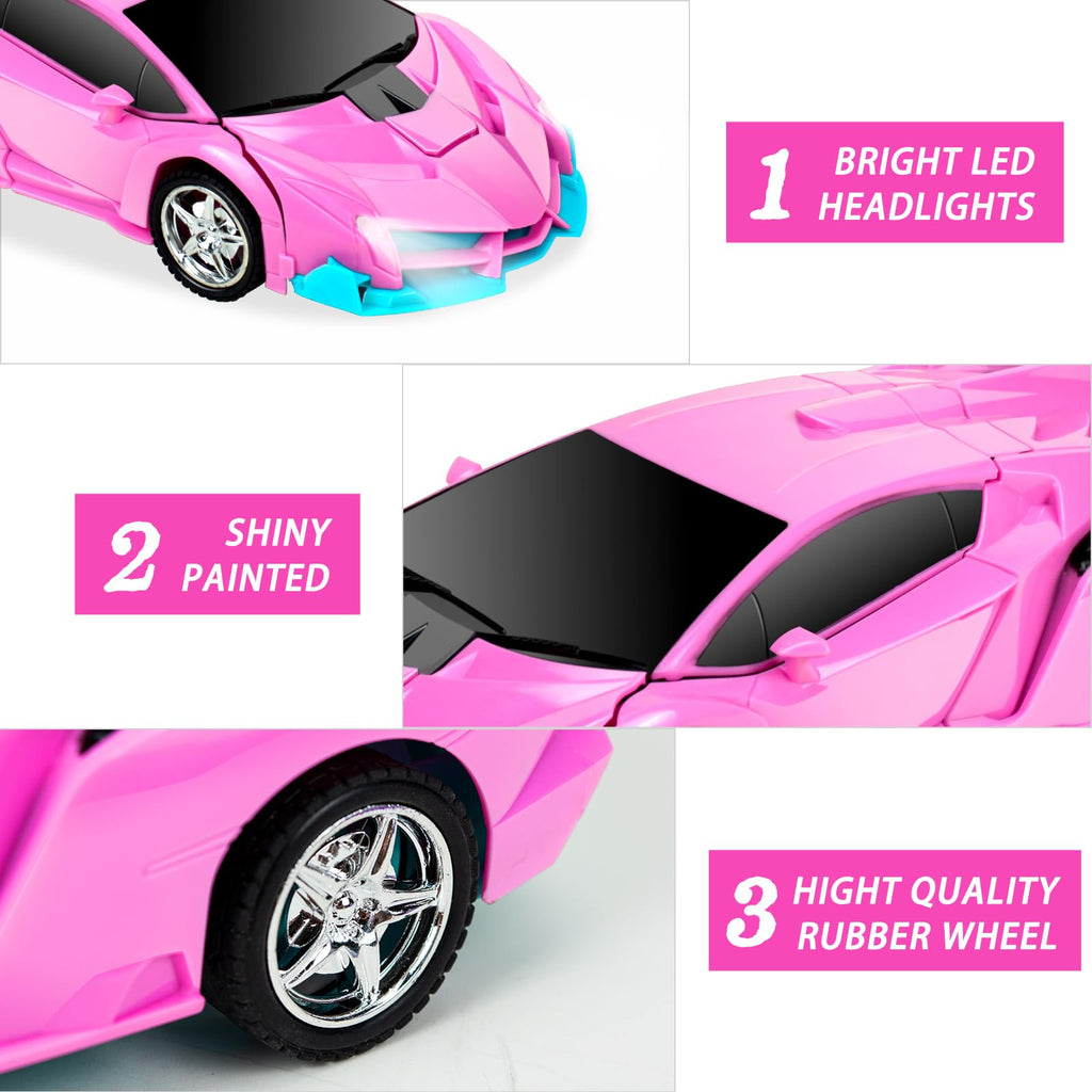 Hymaz Pink Remote Control Car for Kids – 1:18 Scale Transforming Robot Toy with 360° Drift Spin