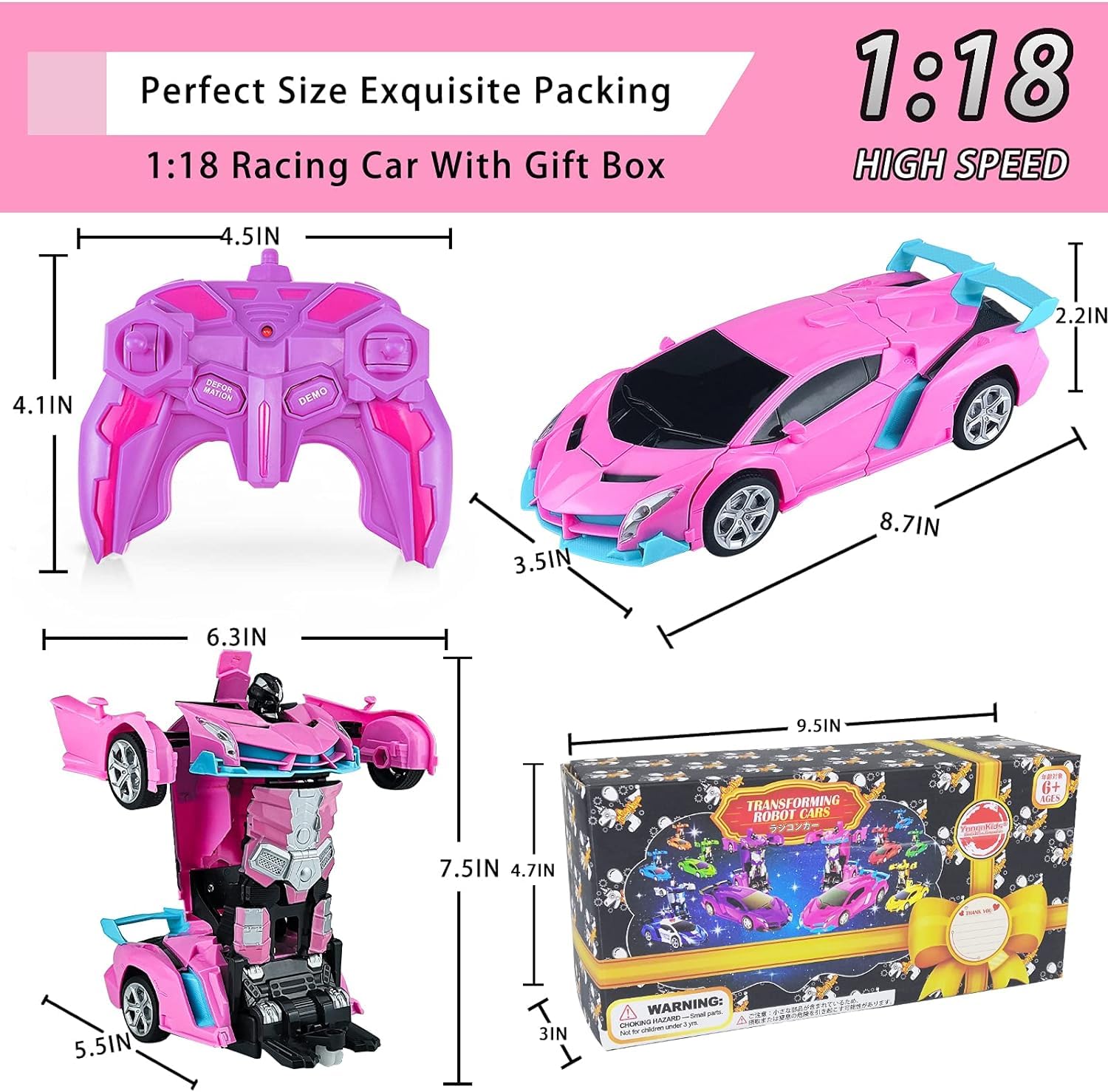 Hymaz Pink Remote Control Car for Kids – 1:18 Scale Transforming Robot Toy with 360° Drift Spin