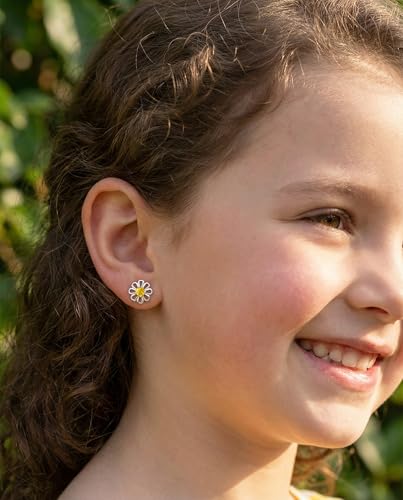 Hypoallergenic Daisy Stud Earrings for Granddaughter – Gold or Silver Plated with CZ, Gift Card & Pouch