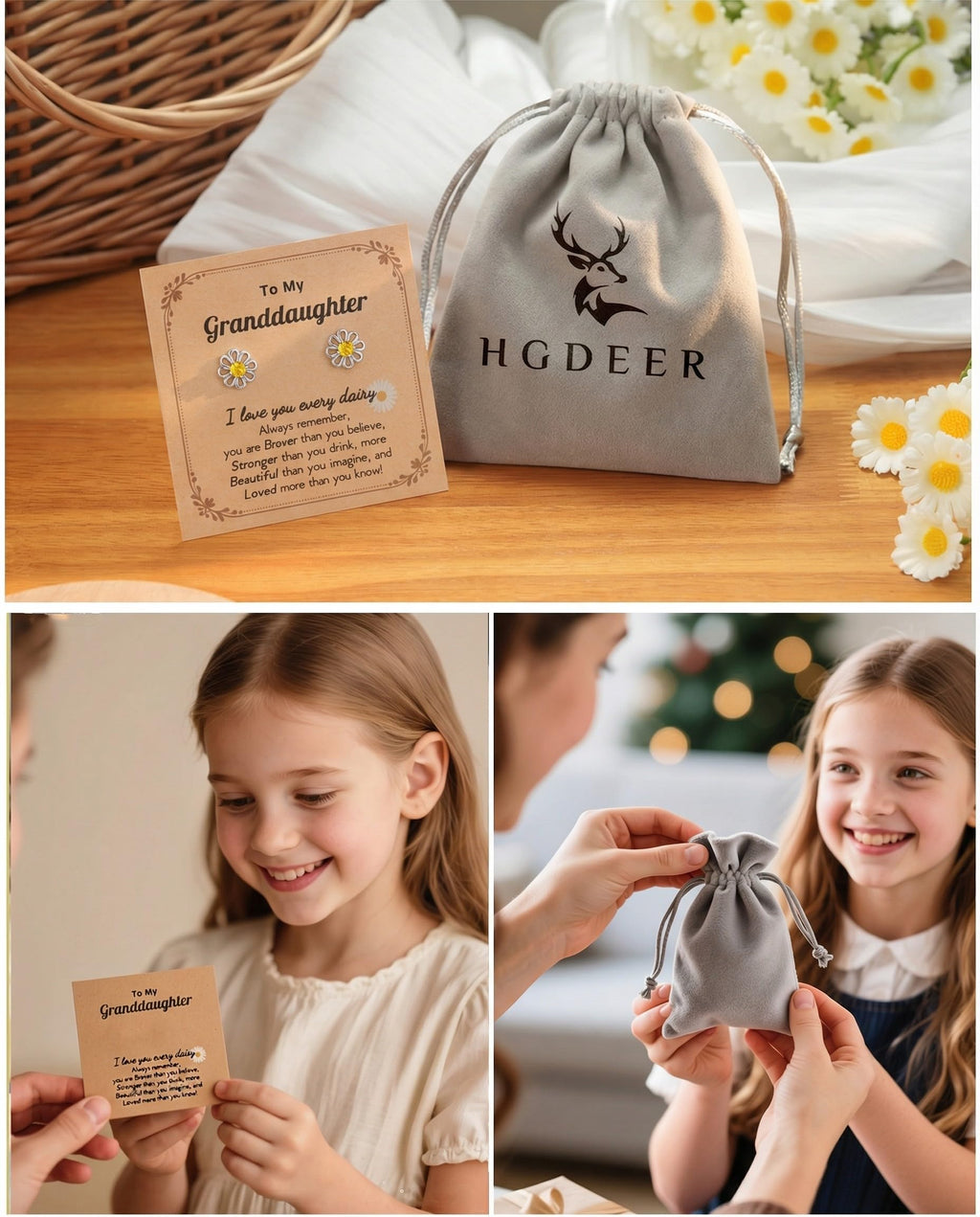 Hypoallergenic Daisy Stud Earrings for Granddaughter – Gold or Silver Plated with CZ, Gift Card & Pouch
