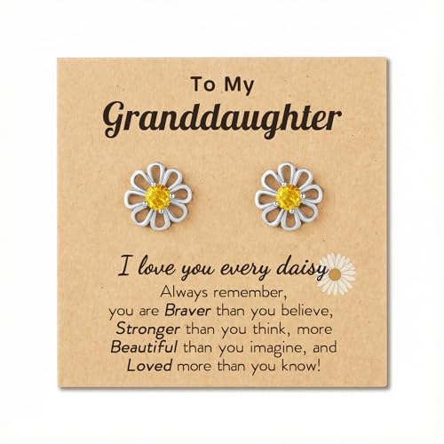 Hypoallergenic Daisy Stud Earrings for Granddaughter – Gold or Silver Plated with CZ, Gift Card & Pouch