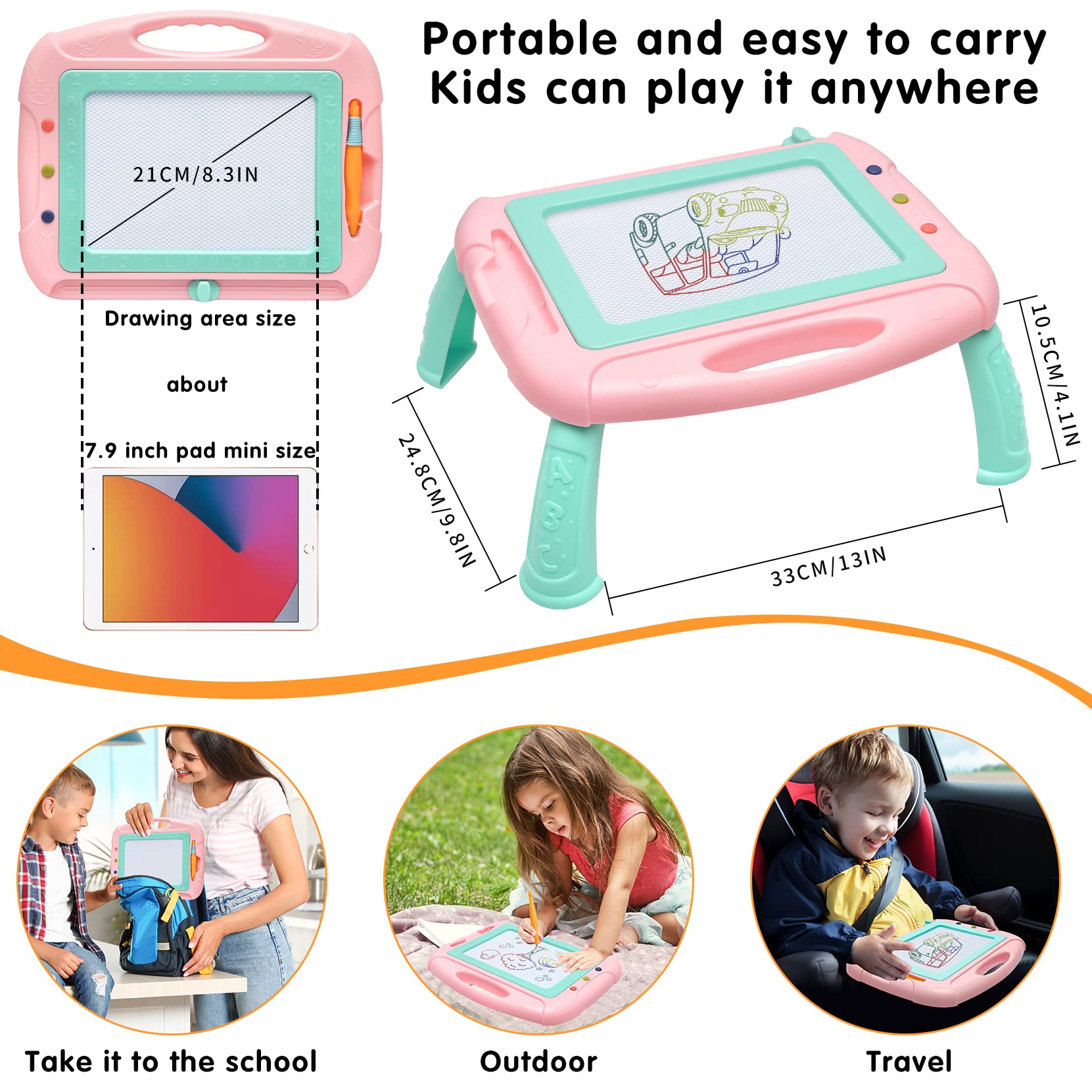 HZZILEY Magnetic Drawing Board for 3 Year Old Girls – Mess-Free Doodle Pad with 4 Color Zones, Detachable Legs & Alphabet Numbers