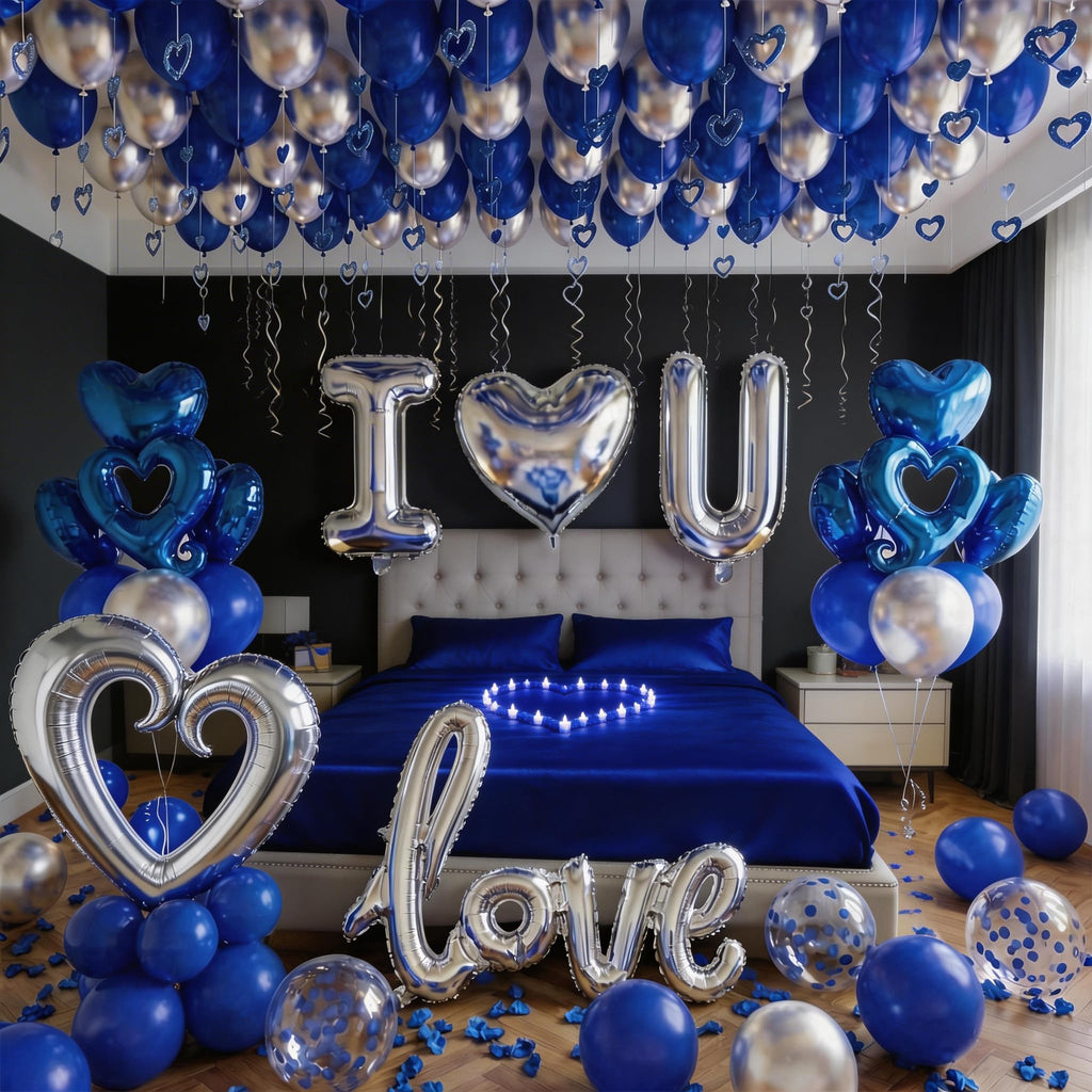 I Love You Blue & Silver Balloon Set for Him - 100 Pieces with Petals, Hearts, Confetti