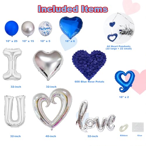 I Love You Blue & Silver Balloon Set for Him - 100 Pieces with Petals, Hearts, Confetti