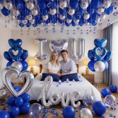 I Love You Blue & Silver Balloon Set for Him - 100 Pieces with Petals, Hearts, Confetti