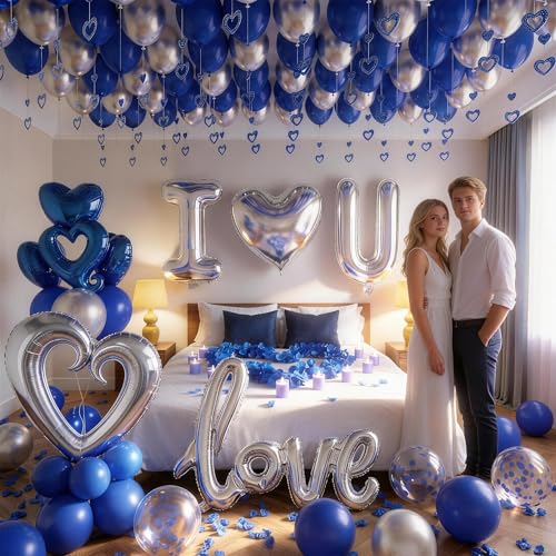 I Love You Blue & Silver Balloon Set for Him - 100 Pieces with Petals, Hearts, Confetti