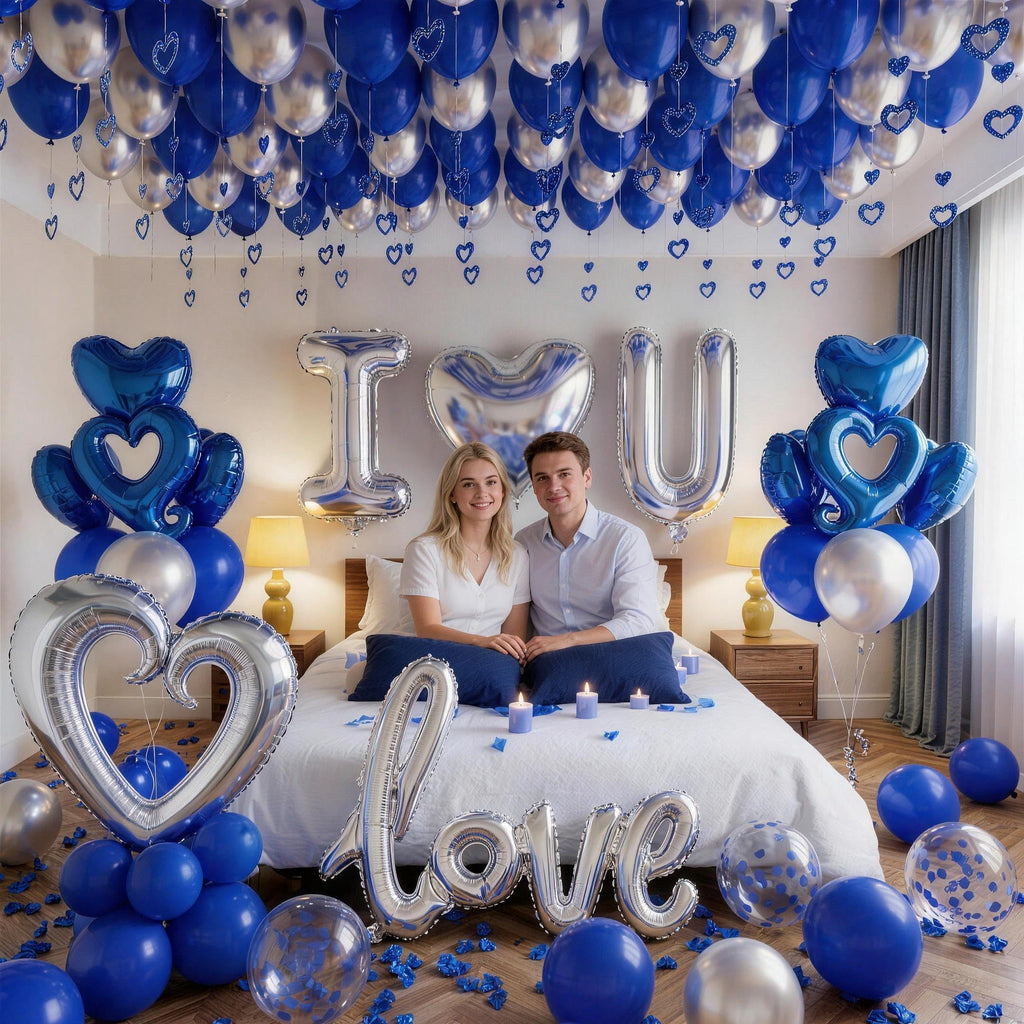I Love You Blue & Silver Balloon Set for Him - 100 Pieces with Petals, Hearts, Confetti