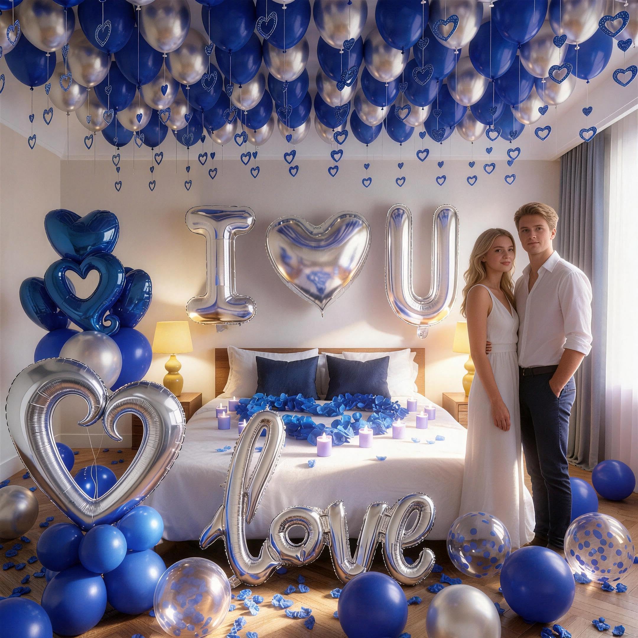 I Love You Blue & Silver Balloon Set for Him - 100 Pieces with Petals, Hearts, Confetti
