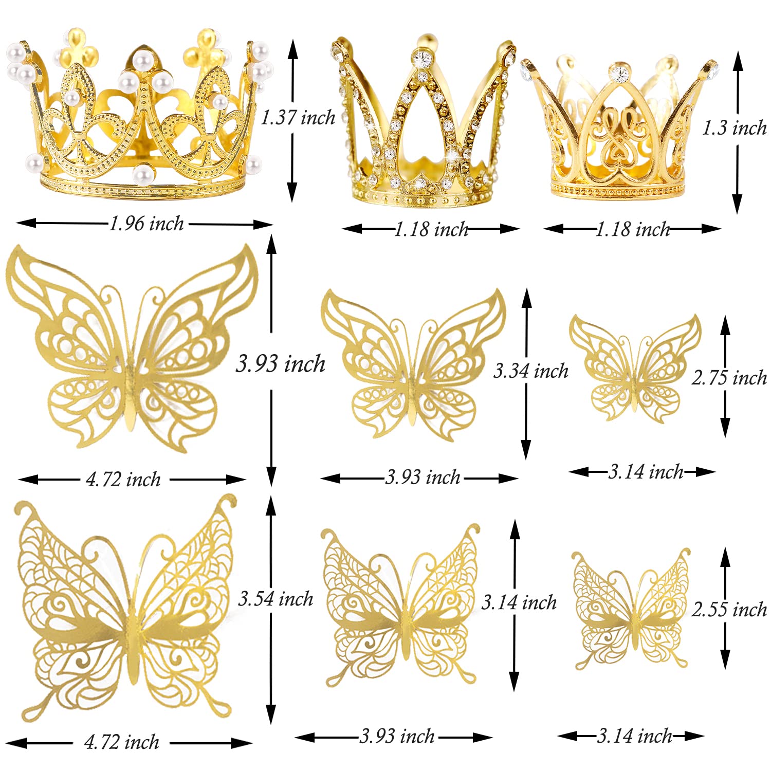 IAXSEE 30-Piece Mini Gold Crown Cake Toppers with 3D Butterflies – Wedding, Baby Shower, Birthday Decorations