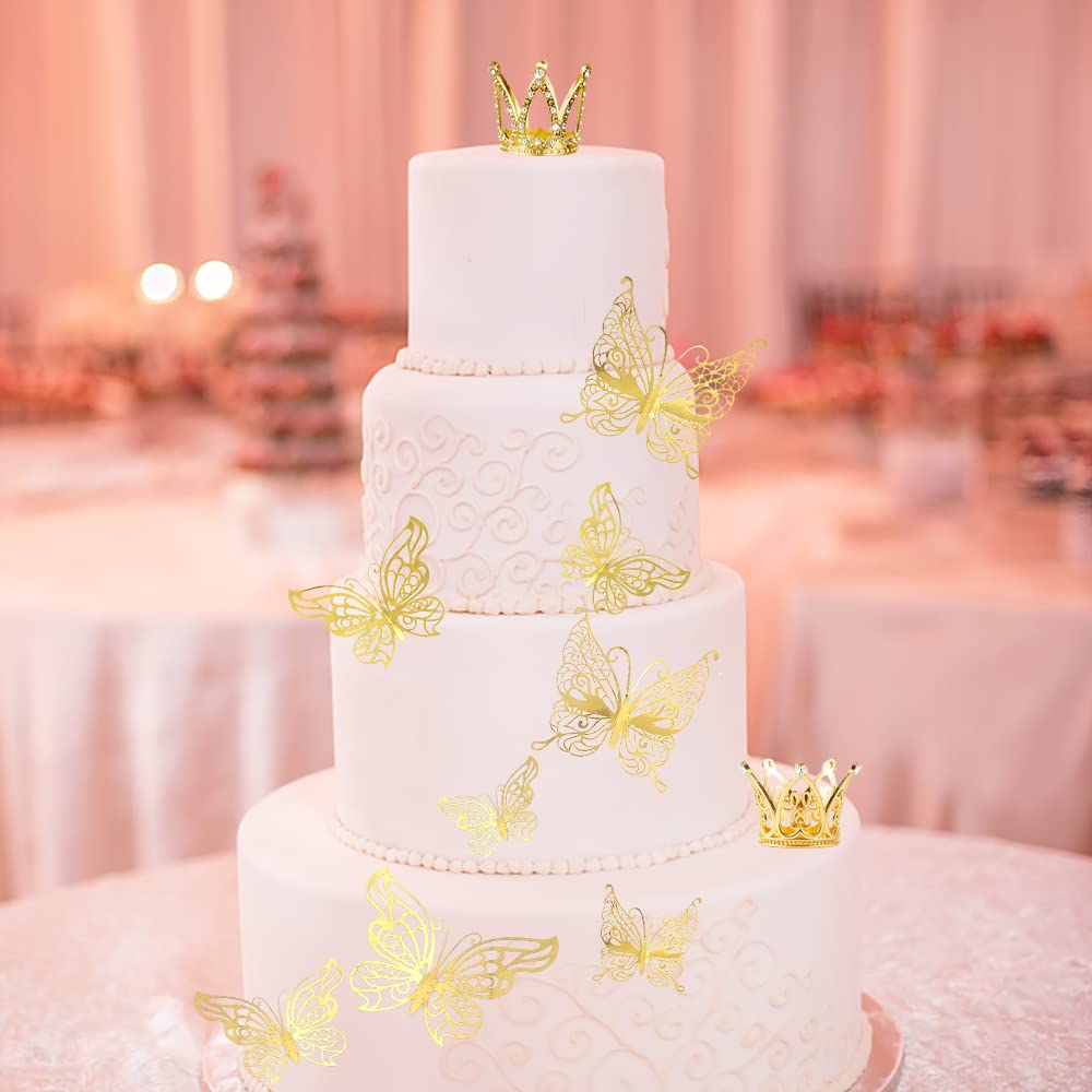 IAXSEE 30-Piece Mini Gold Crown Cake Toppers with 3D Butterflies – Wedding, Baby Shower, Birthday Decorations