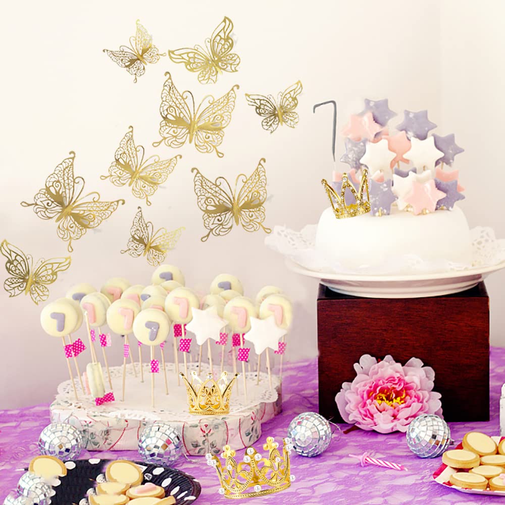 IAXSEE 30-Piece Mini Gold Crown Cake Toppers with 3D Butterflies – Wedding, Baby Shower, Birthday Decorations