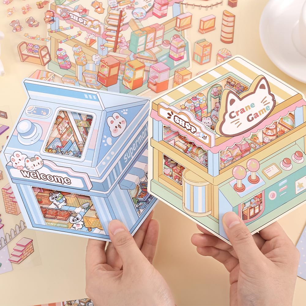 ICCEEMEE 8-Pack 3D Diorama Stickers - Convenience Store, Bakery, Pet Shop Scenes