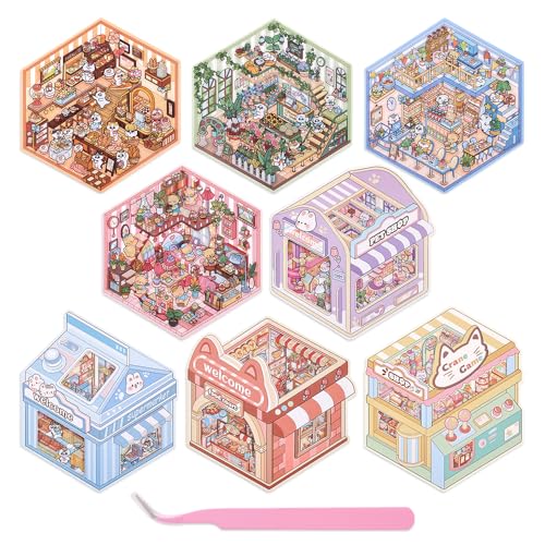 ICCEEMEE 8-Pack 3D Diorama Stickers - Convenience Store, Bakery, Pet Shop Scenes