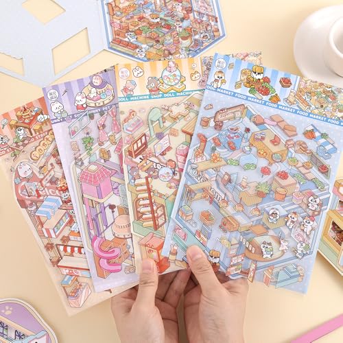 ICCEEMEE 8-Pack 3D Diorama Stickers - Convenience Store, Bakery, Pet Shop Scenes