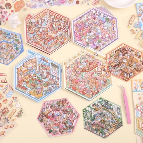 ICCEEMEE 8-Pack 3D Diorama Stickers - Convenience Store, Bakery, Pet Shop Scenes