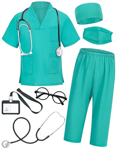 ICECUTE 7-Piece Kids Doctor Costume Set with Real Stethoscope, Scrubs for Boys Girls Ages 3-11
