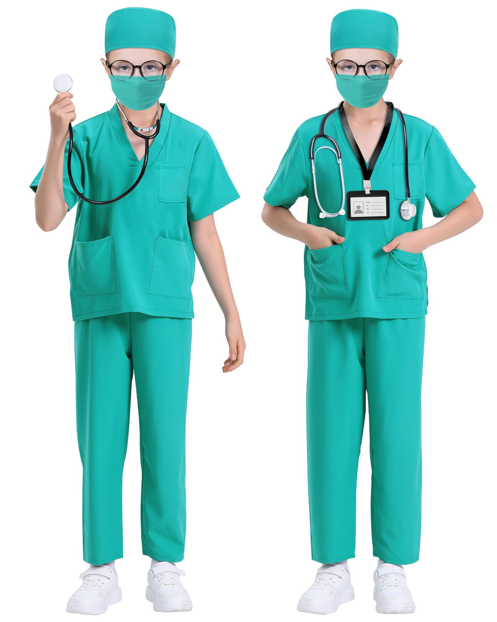 ICECUTE Kids Doctor Costume 7-Piece Scrubs Set with Real Stethoscope for 3-11 Years