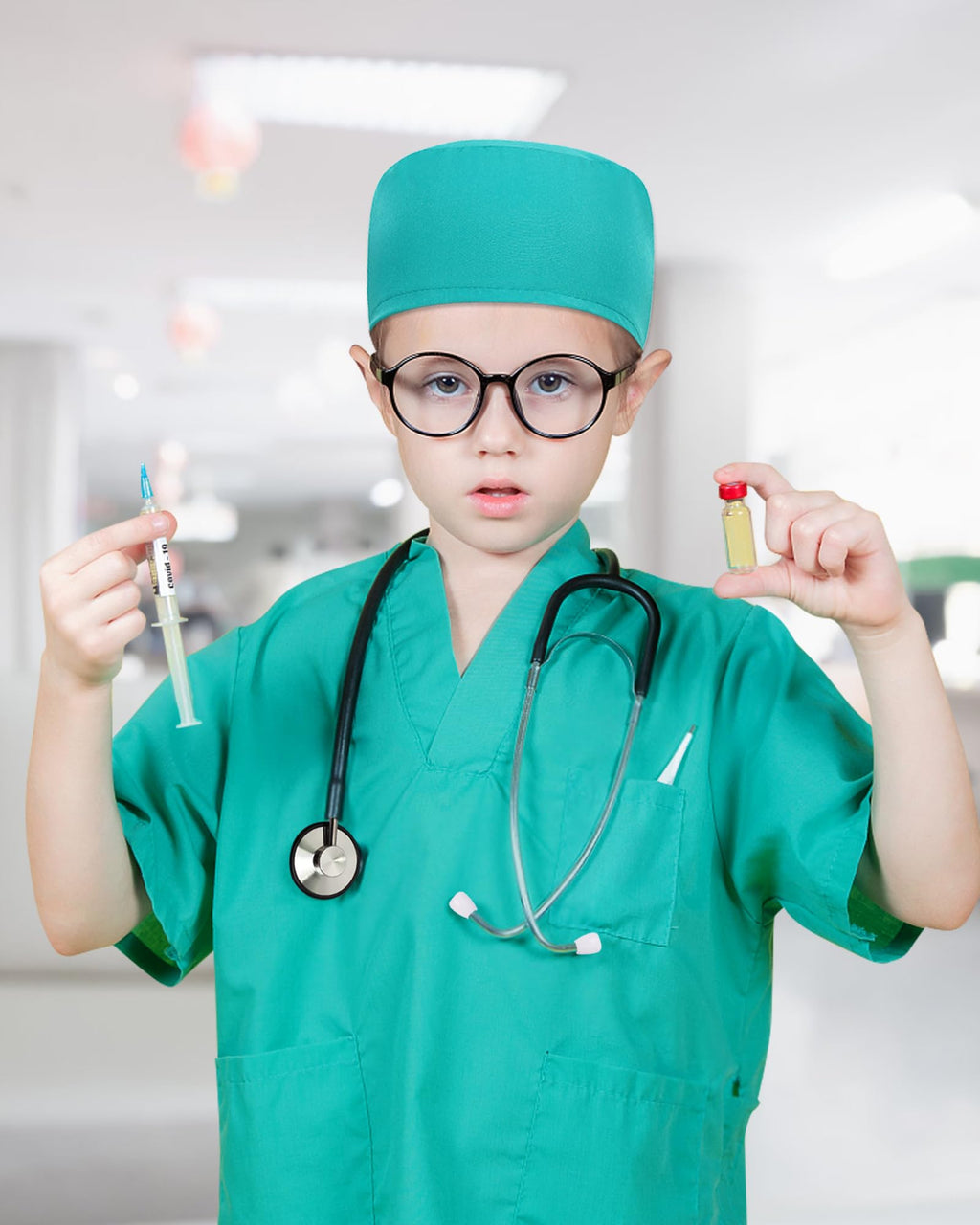 ICECUTE Kids Doctor Costume 7-Piece Scrubs Set with Real Stethoscope for 3-11 Years