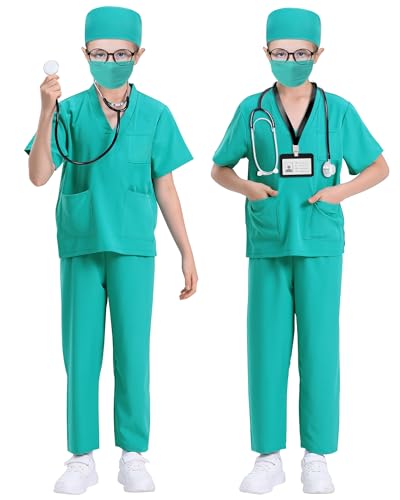 ICECUTE Kids Doctor Costume 7-Piece Scrubs Set with Real Stethoscope for 3-11 Years