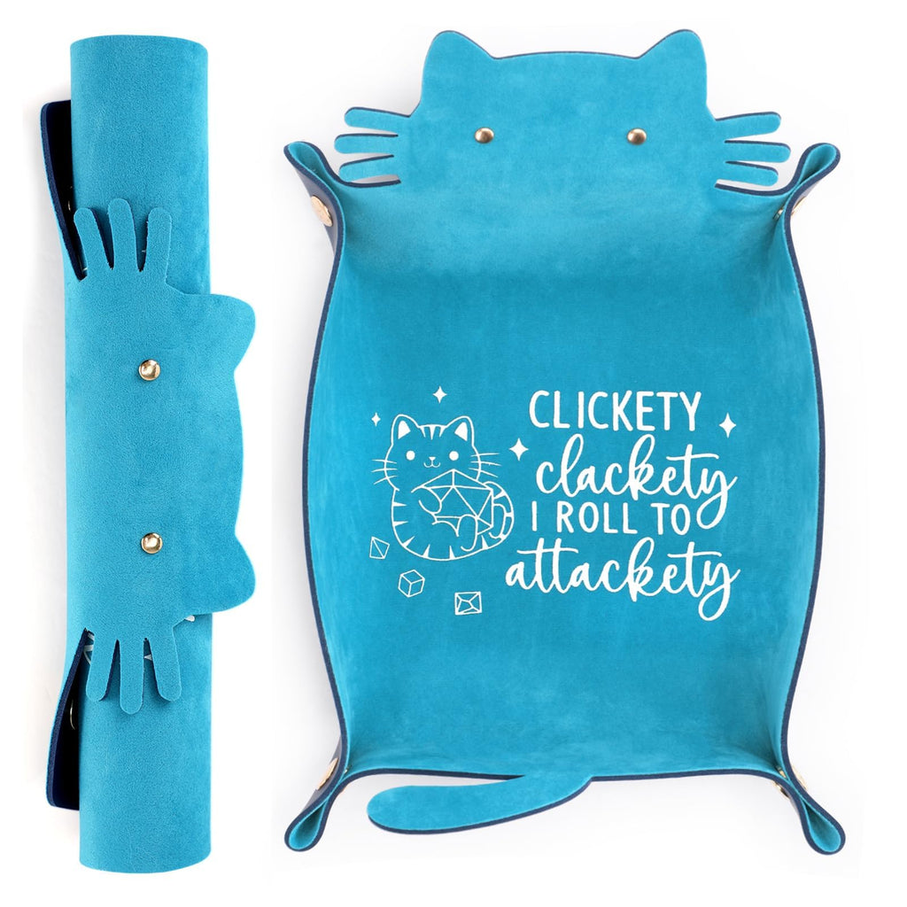 ICoDeesse Blue Cat Dice Tray - Foldable PU Leather Cat-Shaped Rolling Tray for RPG Games, Desk Organizer, 13.8 Inches