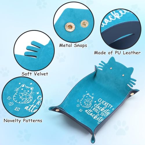ICoDeesse Blue Cat Dice Tray - Foldable PU Leather Cat-Shaped Rolling Tray for RPG Games, Desk Organizer, 13.8 Inches