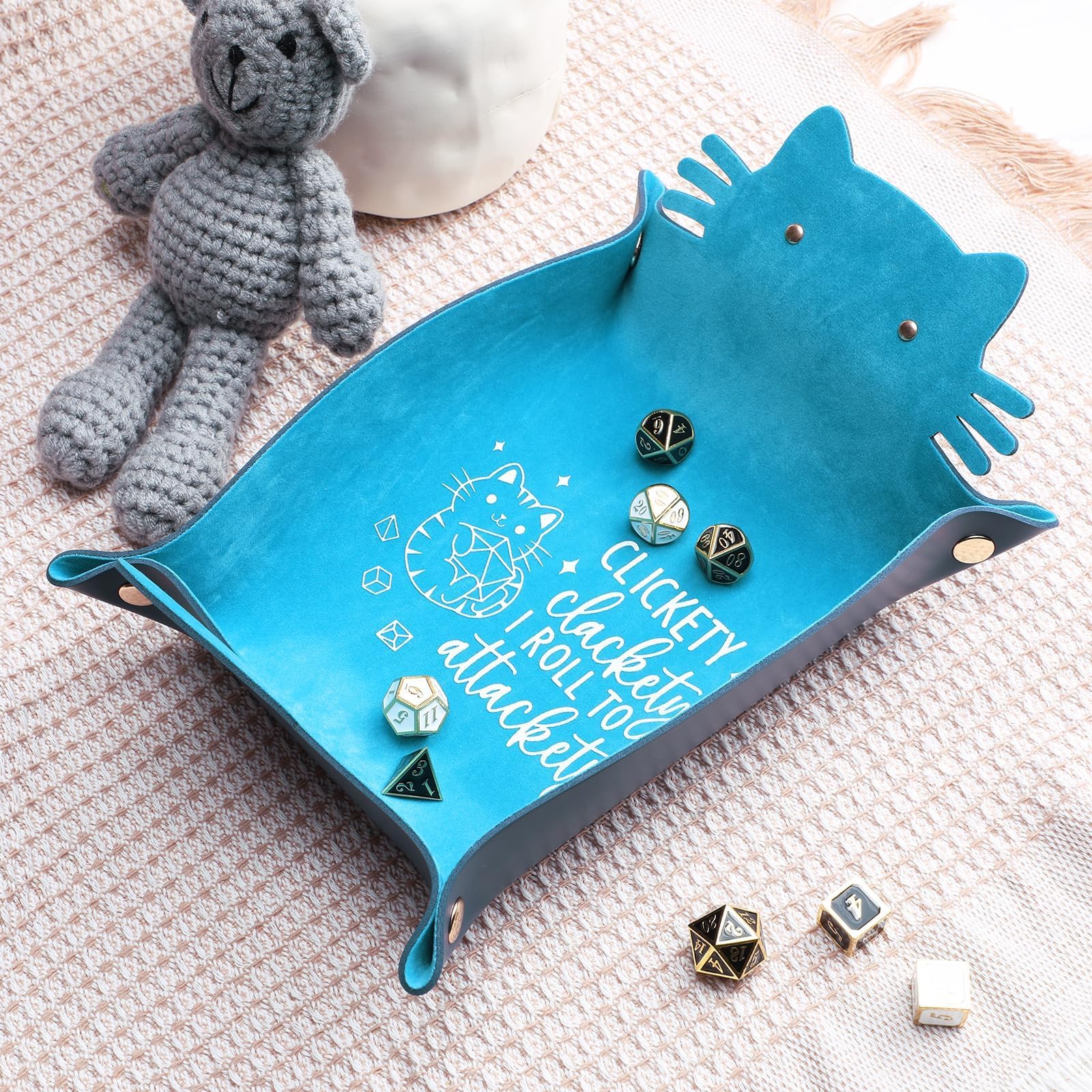 ICoDeesse Blue Cat Dice Tray - Foldable PU Leather Cat-Shaped Rolling Tray for RPG Games, Desk Organizer, 13.8 Inches