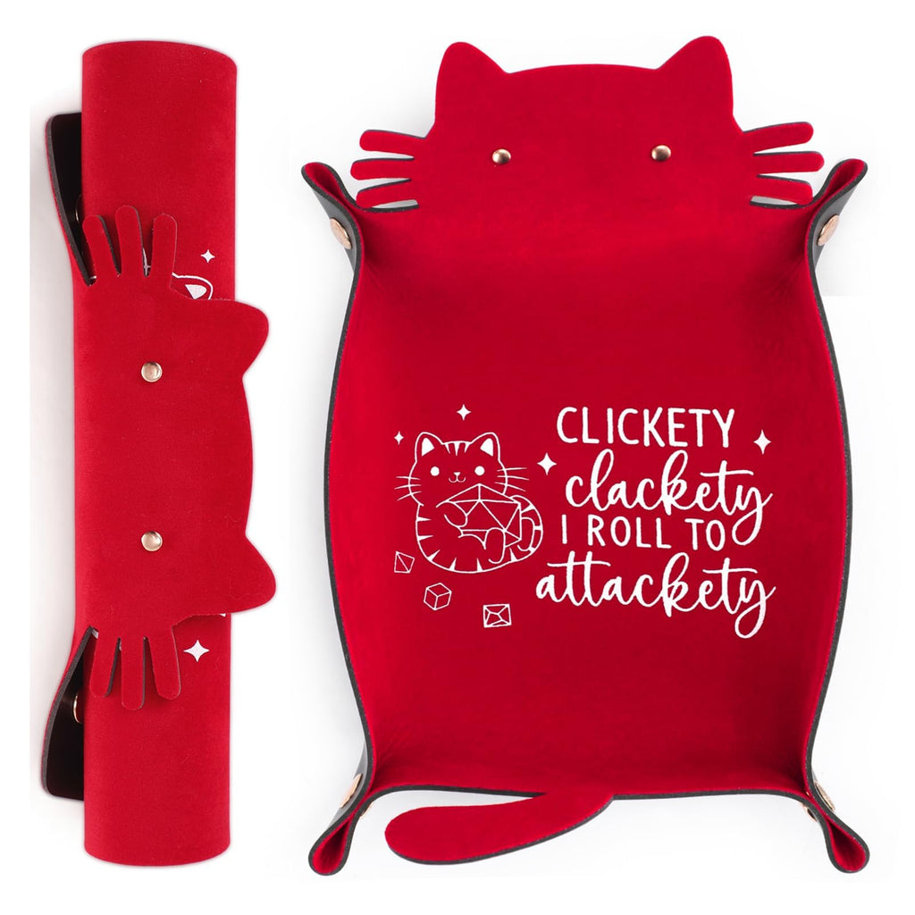 ICoDeesse Red Cat Dice Tray - PU Leather Rolling Tray for DND, RPG, Portable Desk Organizer